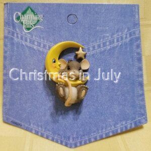 Charming Tails Mouse hanging on Moon star Lapel Pin